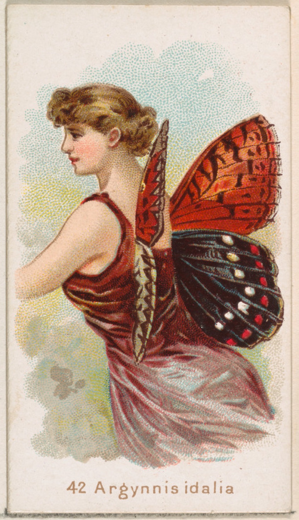 An 1880s trade card showing a fairy wearing regal fritillary wings, labeled Argynnis idalia